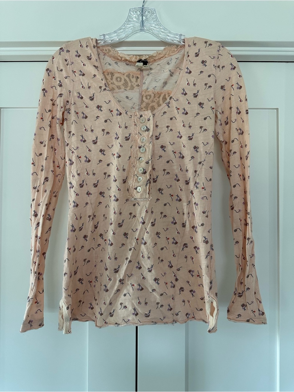 We The Free Peach Floral Lace-Trim Henley Long Sleeve Top